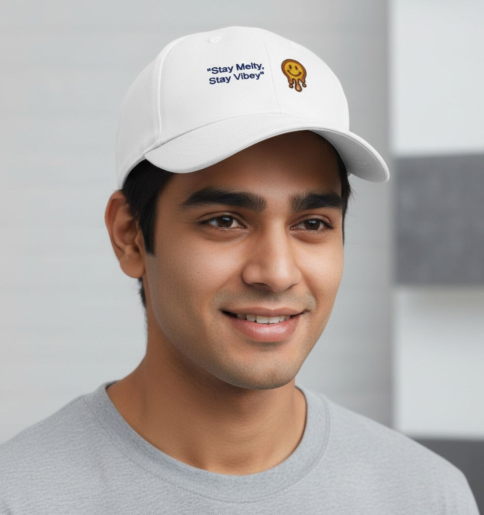 Stay Melty, Stay Vibey” Smiley Embroidered Cap – Aesthetic White Baseball Hat