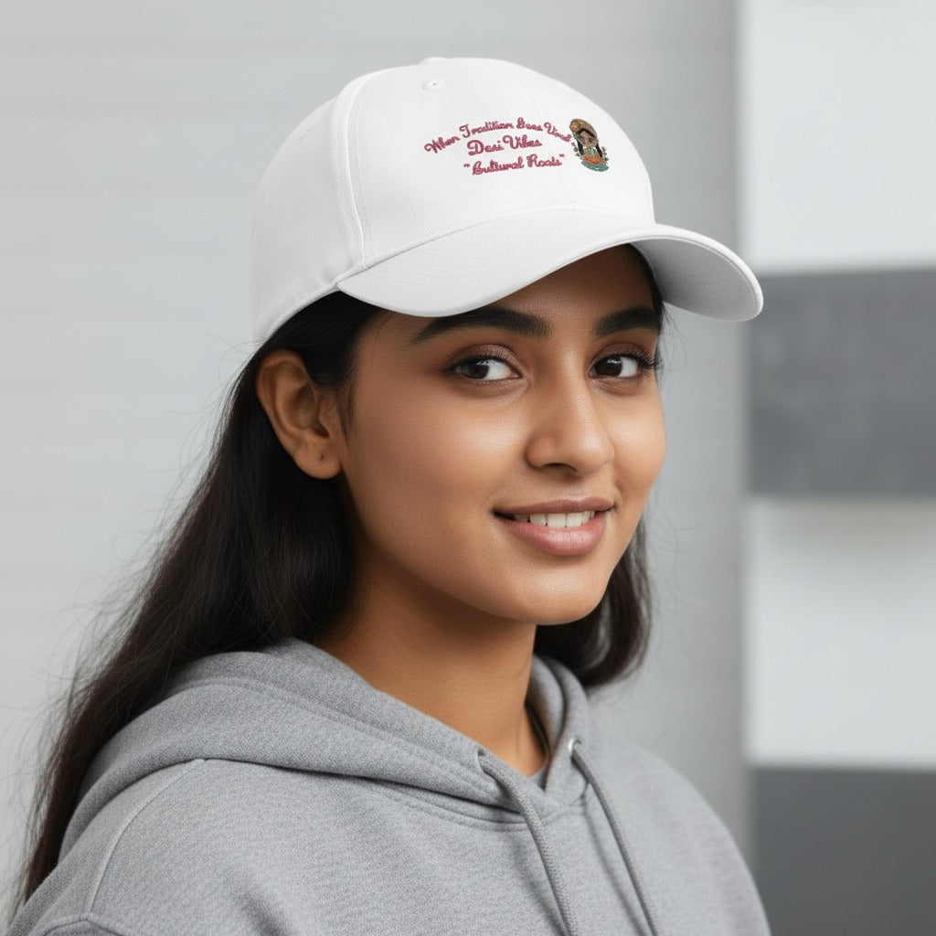 Desi Vibes “Cultural Roots” Embroidered Cap – Aesthetic Desi Girl Baseball Hat, White