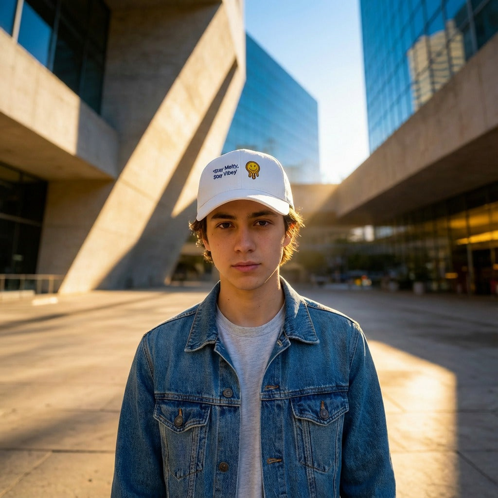 Stay Melty, Stay Vibey” Smiley Embroidered Cap – Aesthetic White Baseball Hat